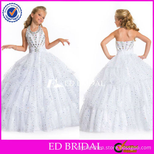 LBF036 New Arrival Halter beaded bodice Ruffled Skirt Puffy Organza Long flower girl dress